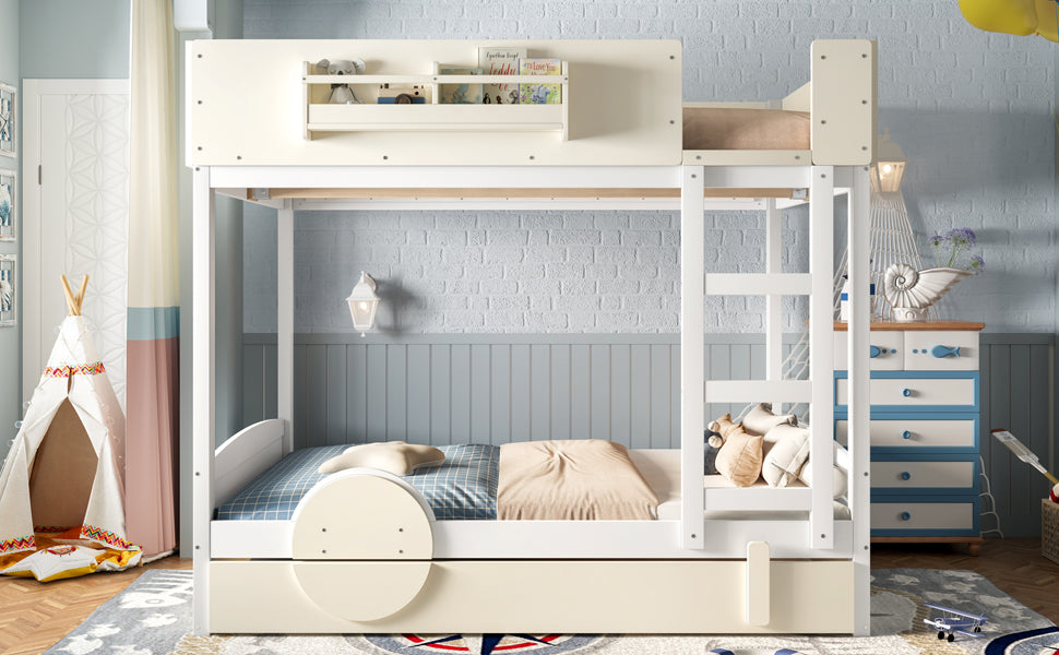 Full Bunk Bed with Trundle , Wood Bunk Bed Frame with Built-in Bookshelf and High-quality Safety Guardrail,Automobile Form Design for Kids ,White＆ Beige.