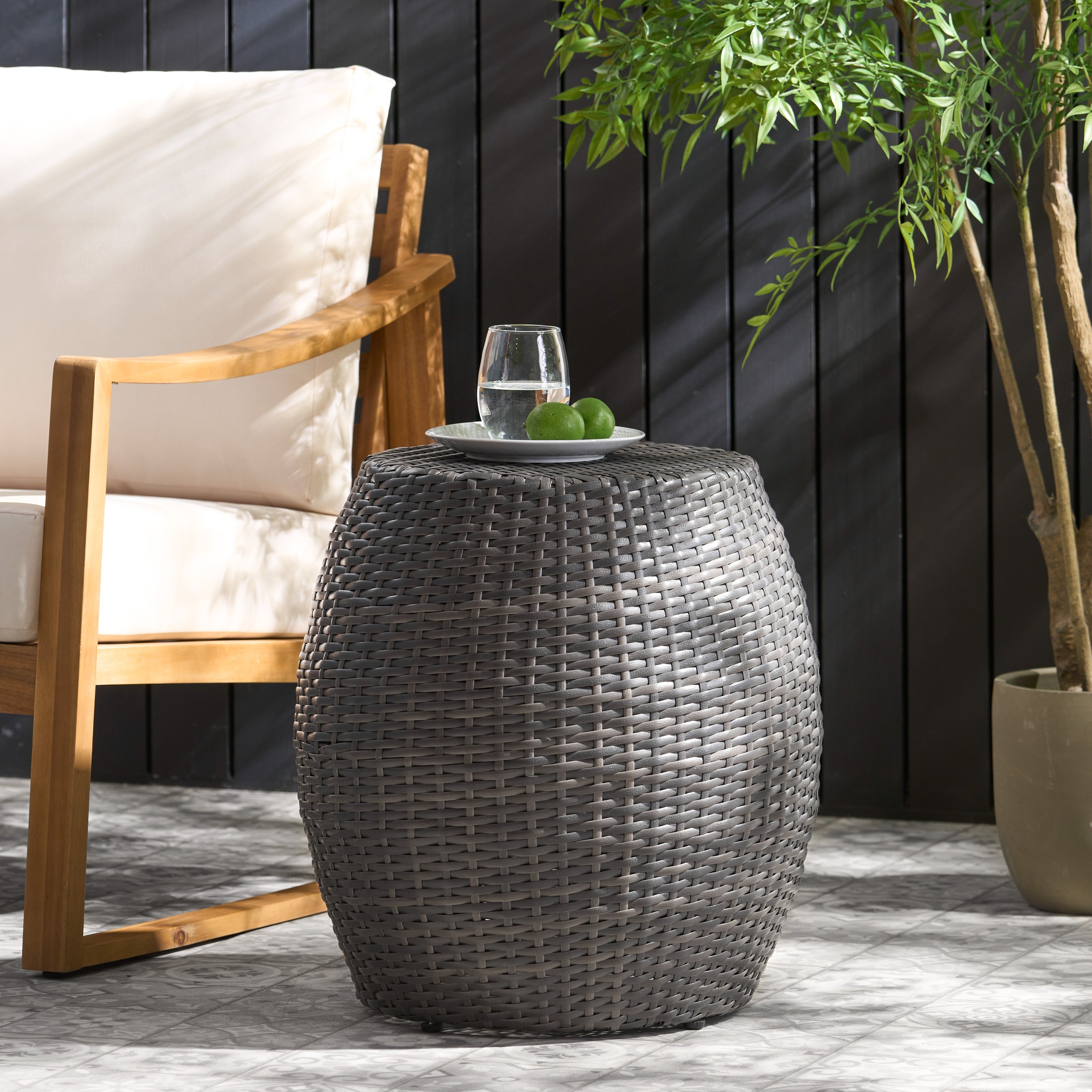 Outdoor Wicker Patio Side Table with Durable Polyethylene Frame in Grey, 20'' H x 19.25'' W