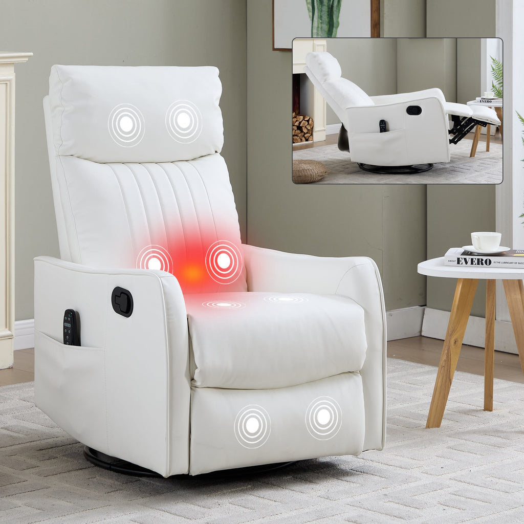 White Heat Massage Manual Recliner Chair with Rocker and Swivel in Faux Leather for Living Room