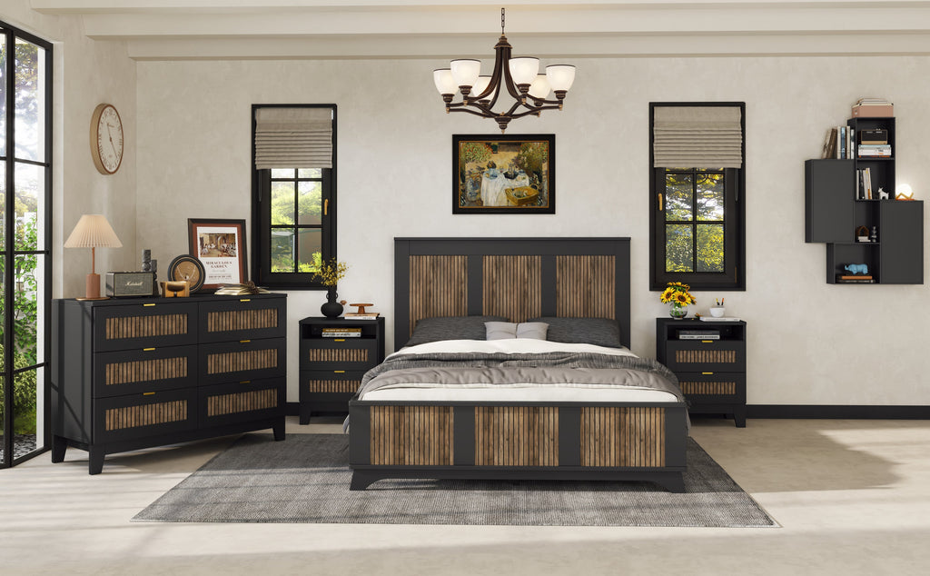 4-Pieces Bedroom Sets, Queen Size Farmhouse Platform Bed with Wooden Strip Stickers Decoration, Storage Nightstand and Dresser with Metal Handle, Black(Old SKU: HL000191AAB)