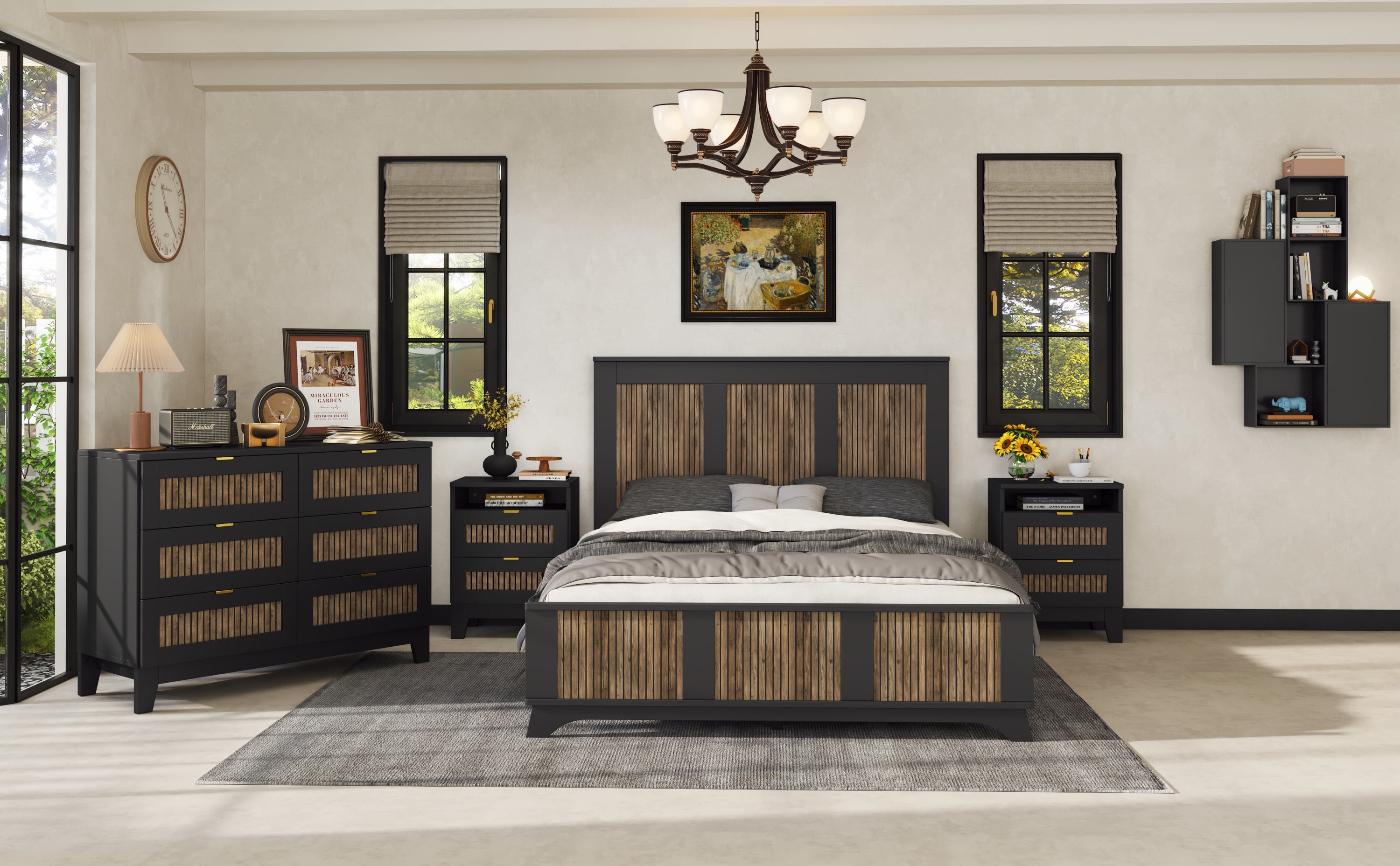 4-Pieces Bedroom Sets, Queen Size Farmhouse Platform Bed with Wooden Strip Stickers Decoration, Storage Nightstand and Dresser with Metal Handle, Black(Old SKU: HL000191AAB)