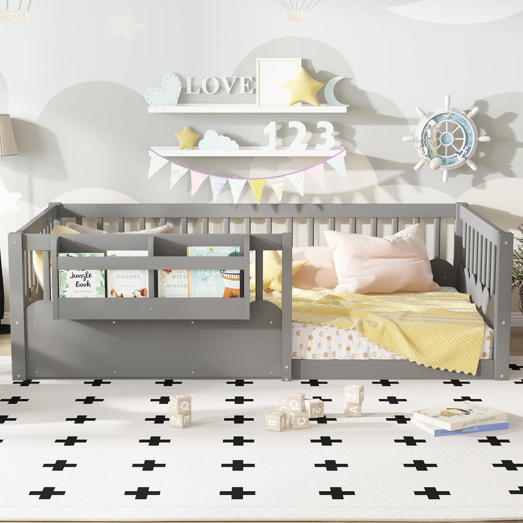 Twin Floor bed with Heightened Fence and bookshelf ,Wood Floor Bed for Kids, Gray.