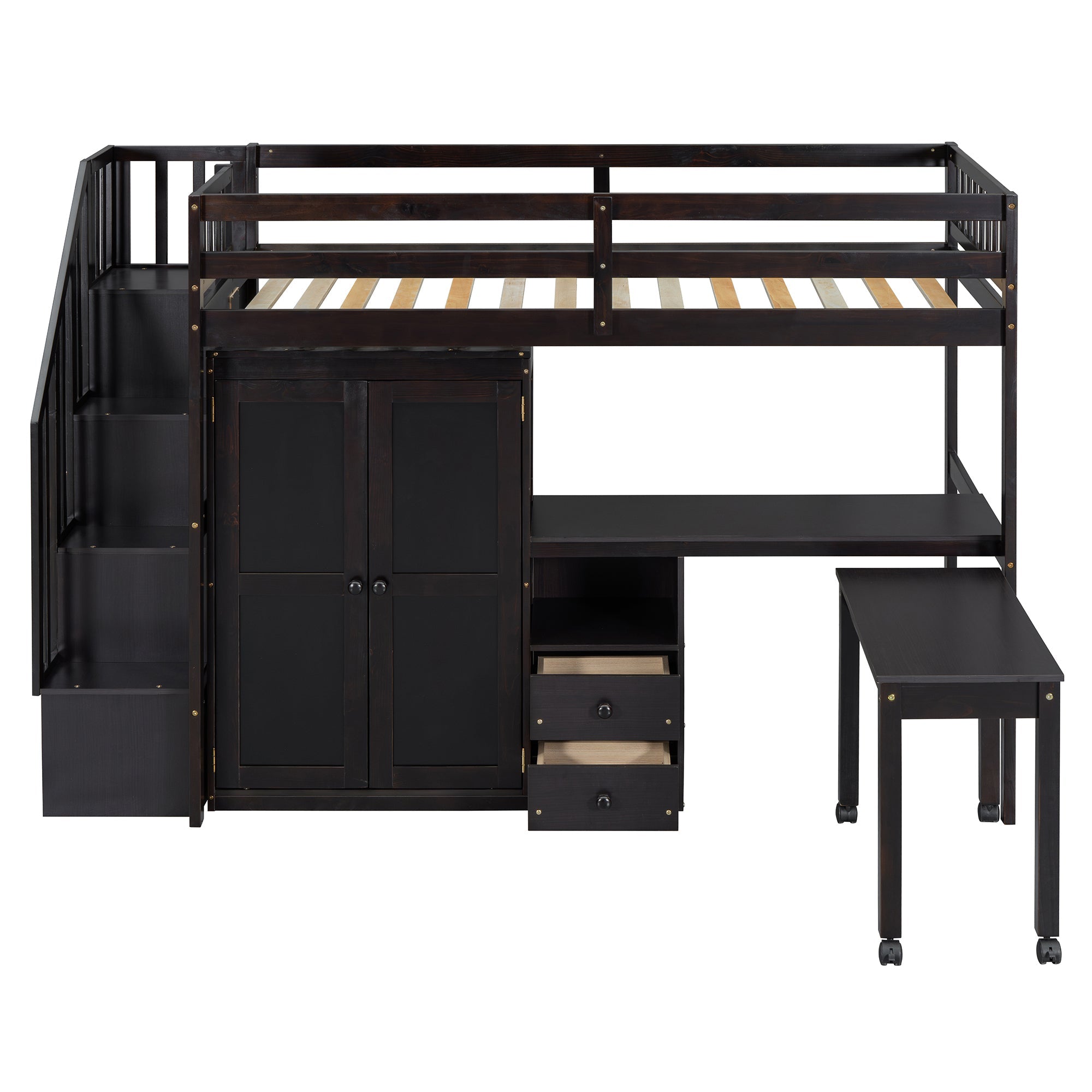 Twin Size Loft Bed with Stairs, Bookshelf, Drawers, Desk & Wardrobe – Space-Saving Multifunctional Furniture for Kids & Teens-Espresso
