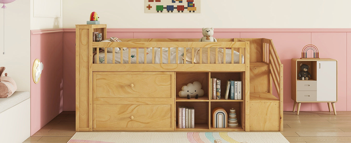 Twin Size Loft Bed with LED and Bookshelf, Wood Low Loft Bed with Stairs, Kids Twin Loft Bed with Storage Drawers and Shelves, Natural (Expect Arrival Date 2025/1/20)