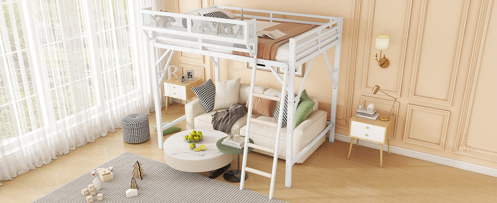 Queen Size Loft Bed with Ladder, Metal Queen Loft Bed with Storage Shelves, High Loft Bed for Kids Teens, White(Expect Arrival Date 2025/12/3  Old SKU W2580P351278)