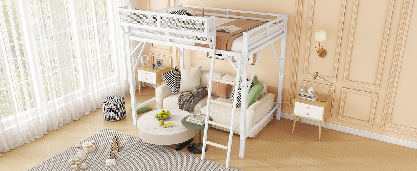 Queen Size Loft Bed with Ladder, Metal Queen Loft Bed with Storage Shelves, High Loft Bed for Kids Teens, White(Expect Arrival Date 2025/12/3  Old SKU W2580P351278)
