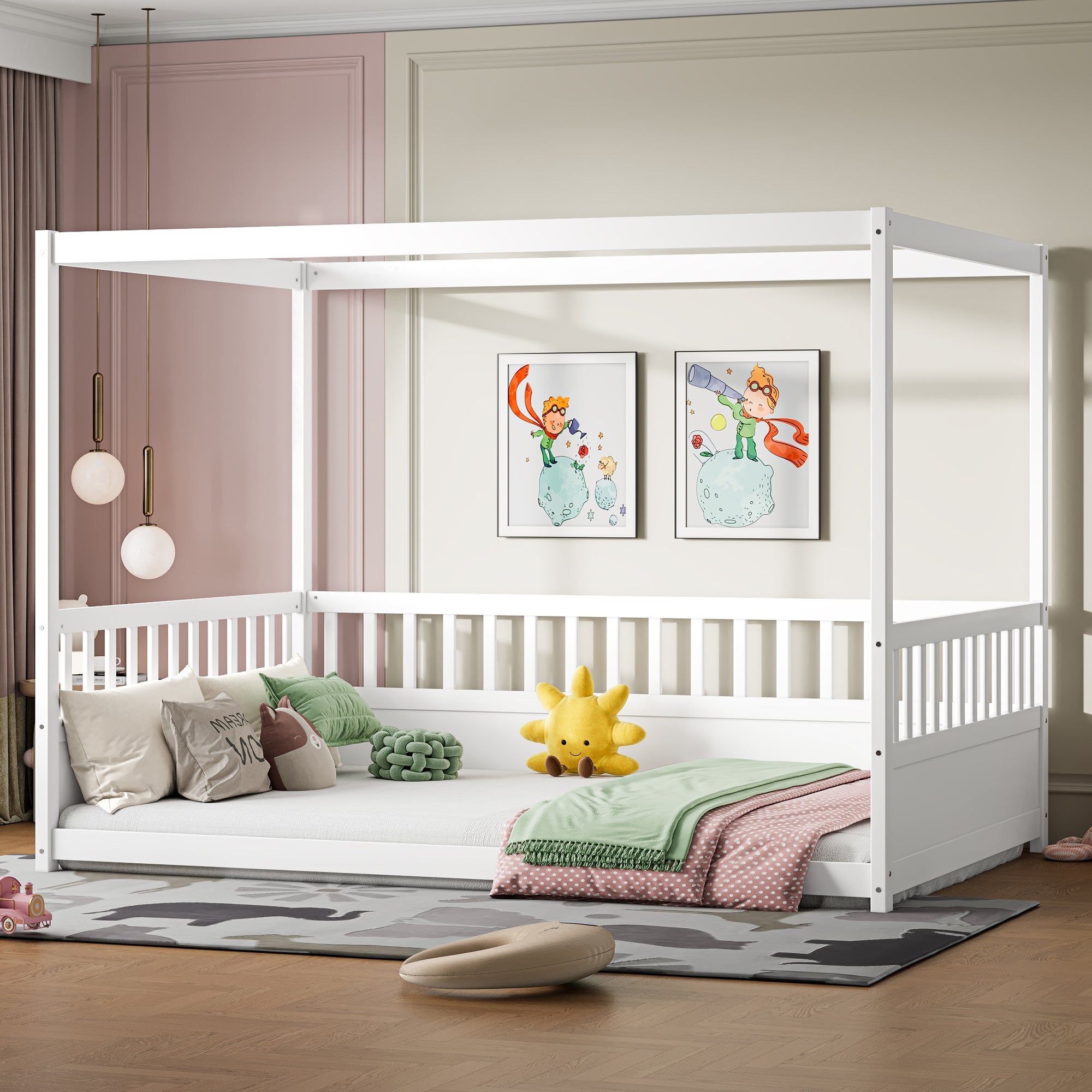 Full Size Canopy Bed Frame with Guardrails for Kids,Floor Bed Full with Four Poster Design,Kids Montessori Floor Bed,Wood Canopy Bed Frame for Girls,Boys(Full,White)