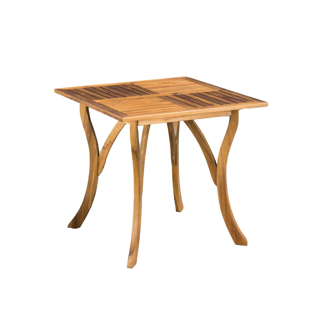 Outdoor Square Table with Curved Legs and Perpendicular Wooden Slats Table Top, Teak