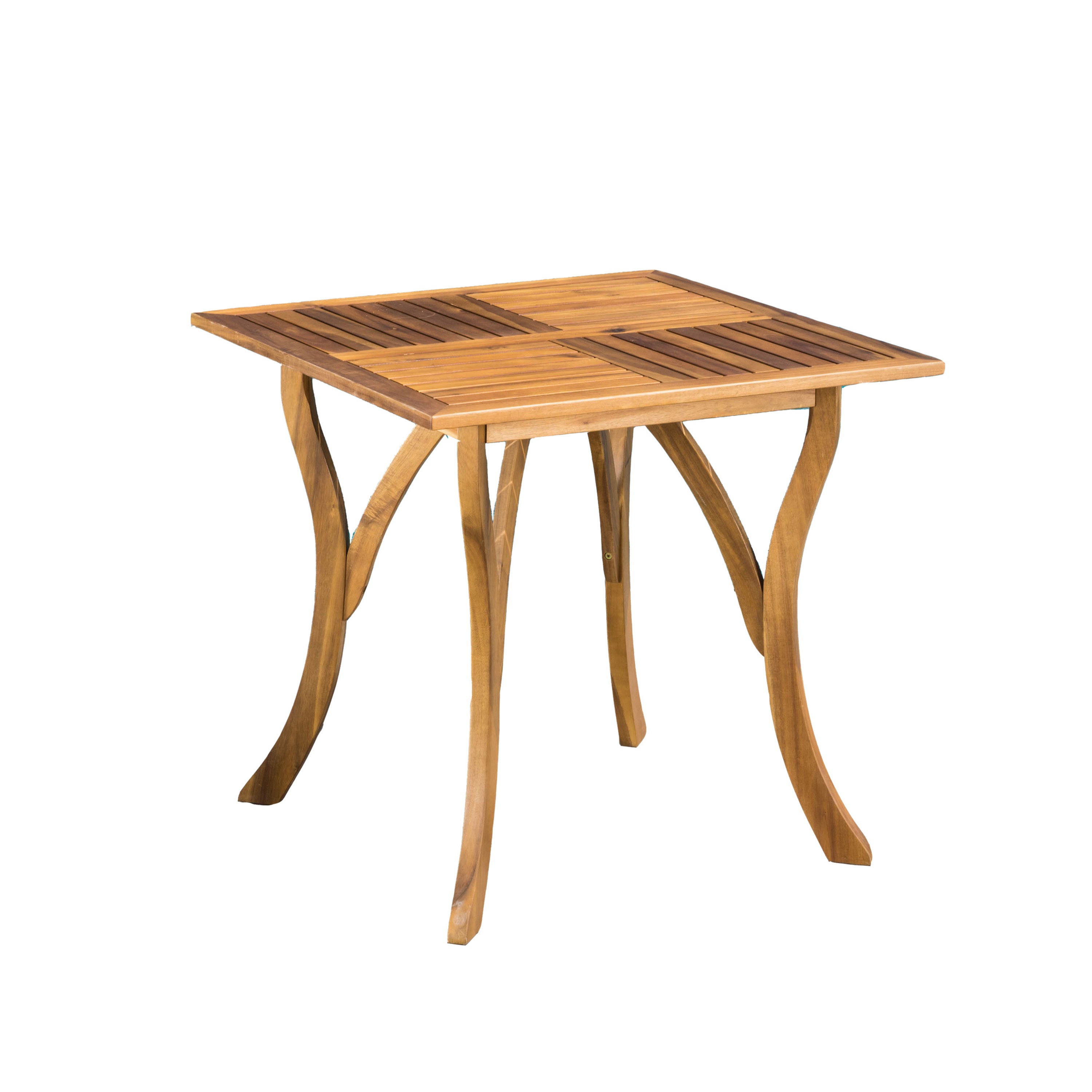 Outdoor Square Table with Curved Legs and Perpendicular Wooden Slats Table Top, Teak