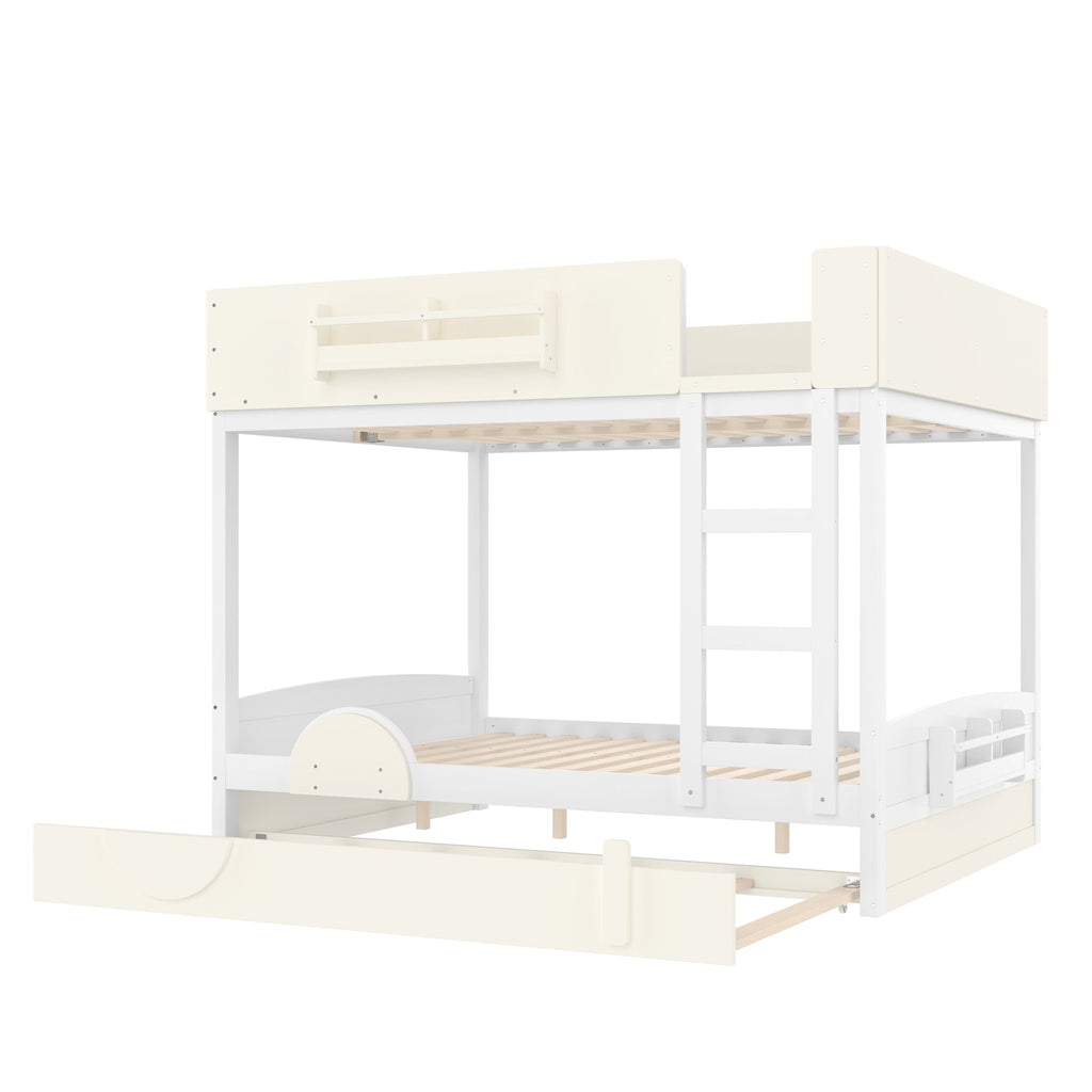 Queen Bunk Bed with Trundle , Wood Bunk Bed Frame with Built-in Bookshelf and High-quality Safety Guardrail,Automobile Form Design for Kids ,White＆ Beige.