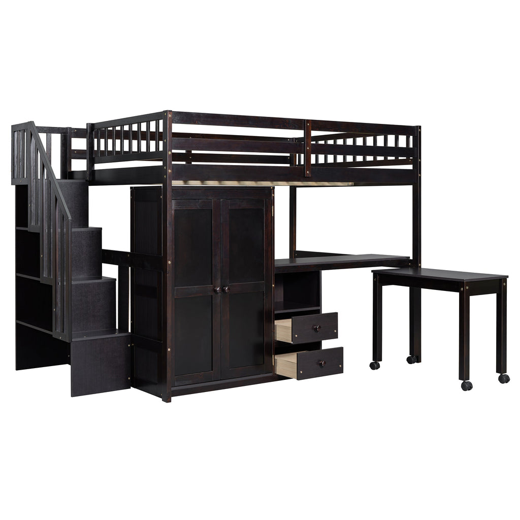 Full Size Loft Bed with Stairs, Bookshelf, Drawers, Desk & Wardrobe – Space-Saving Multifunctional Furniture for Kids & Teens-Espresso