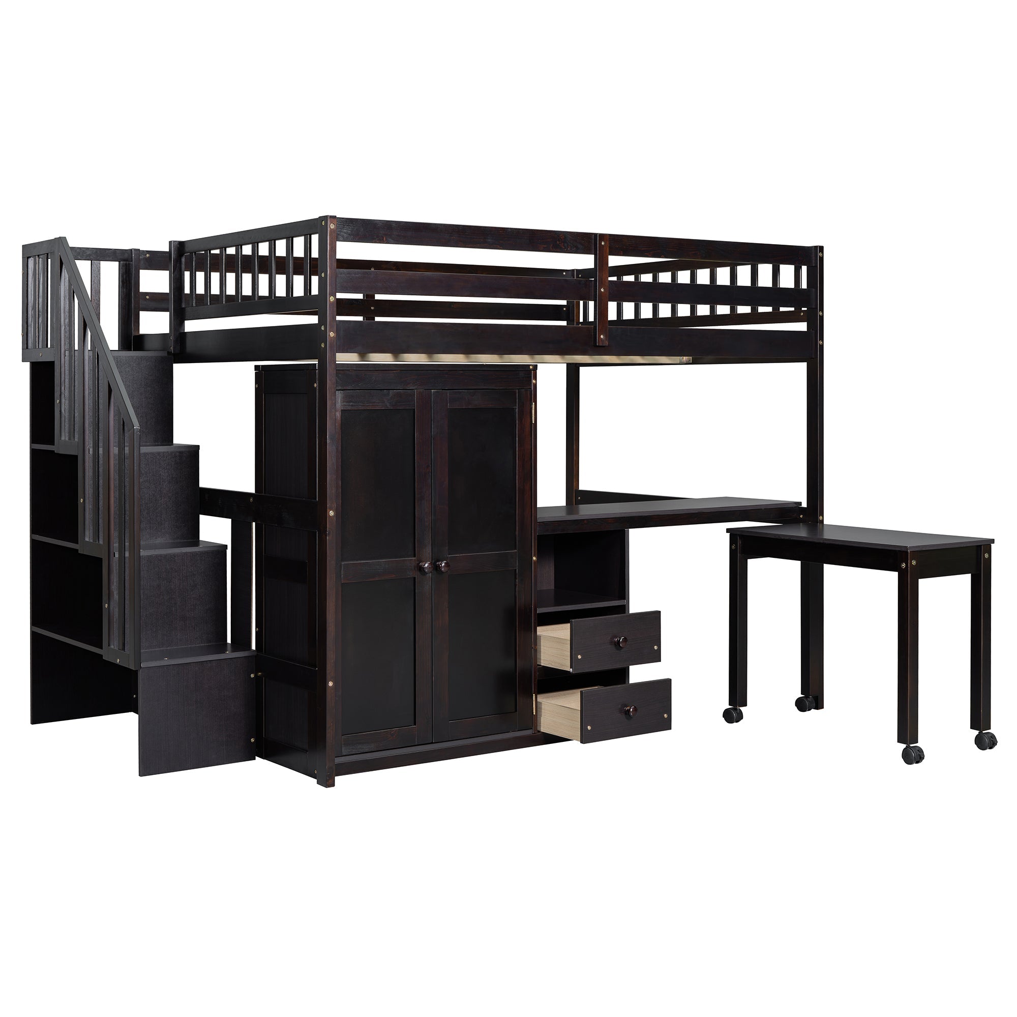 Full Size Loft Bed with Stairs, Bookshelf, Drawers, Desk & Wardrobe – Space-Saving Multifunctional Furniture for Kids & Teens-Espresso