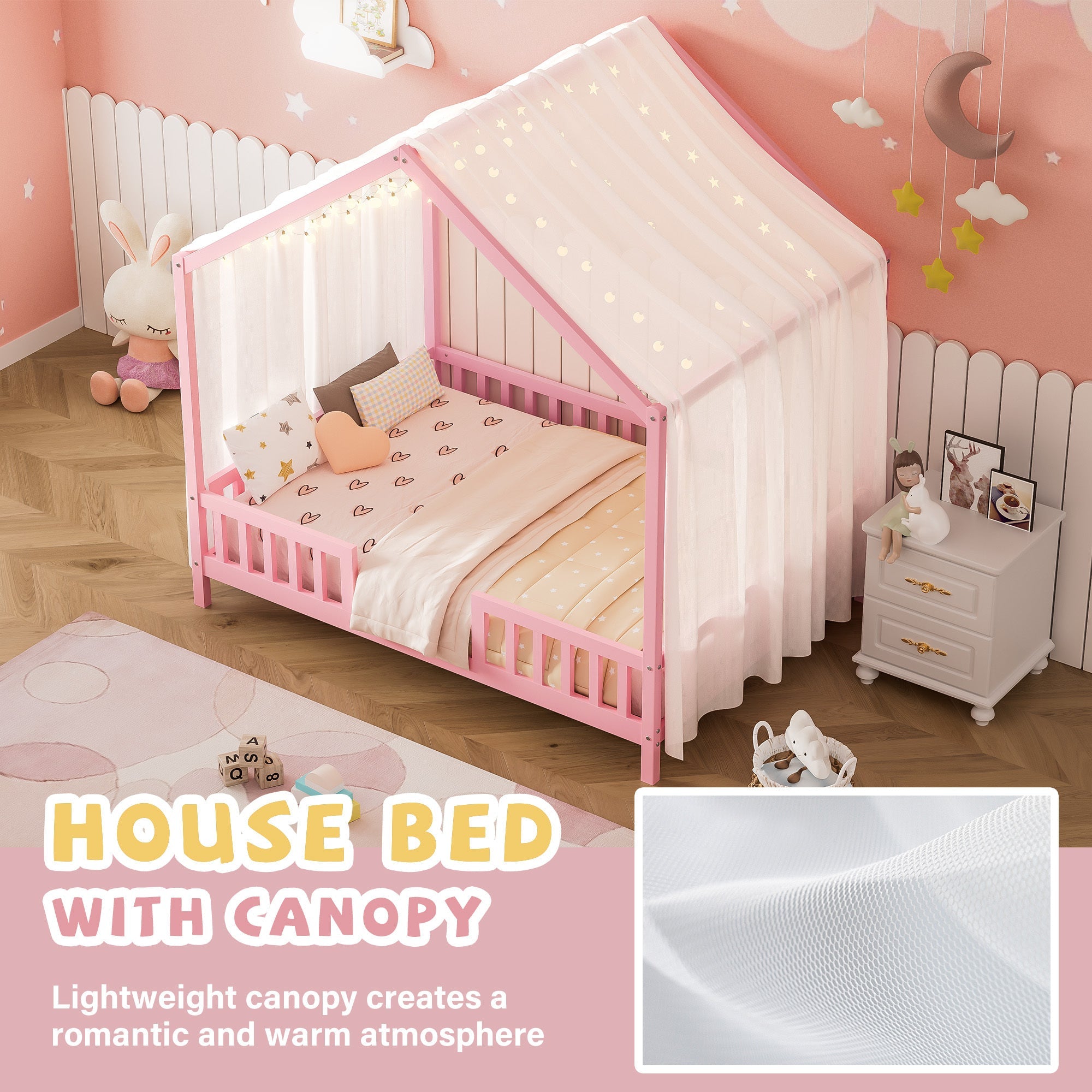 Montessori Floor Bed with Canopy, Full Bed Frame for Kids, House Shape Kids Bed Frame with High Railings, Wood Kids Bed with Roof, Kid Full Bed, Pink