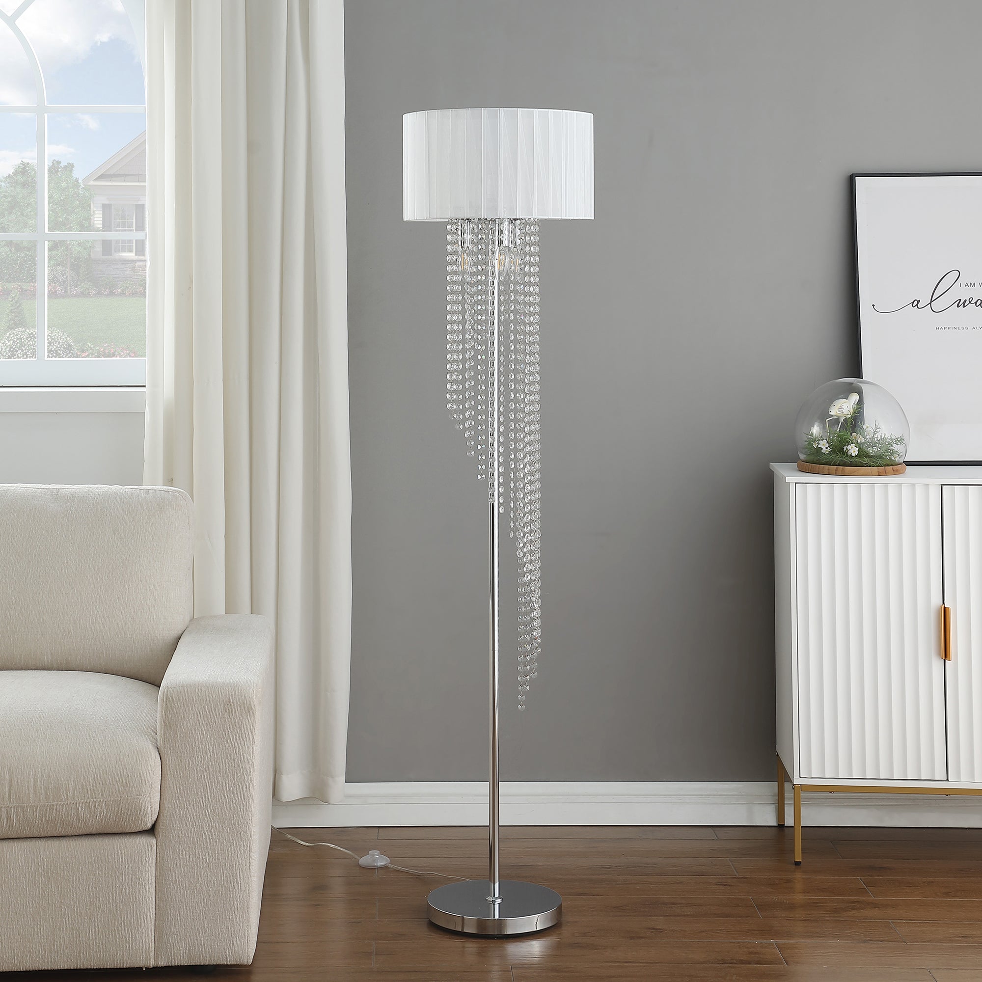 65.75'H Sheer White Drum Shade Rain Crystal Chrome Metal Floor Lamp for Living Room, Standing Lamp for Bedroom