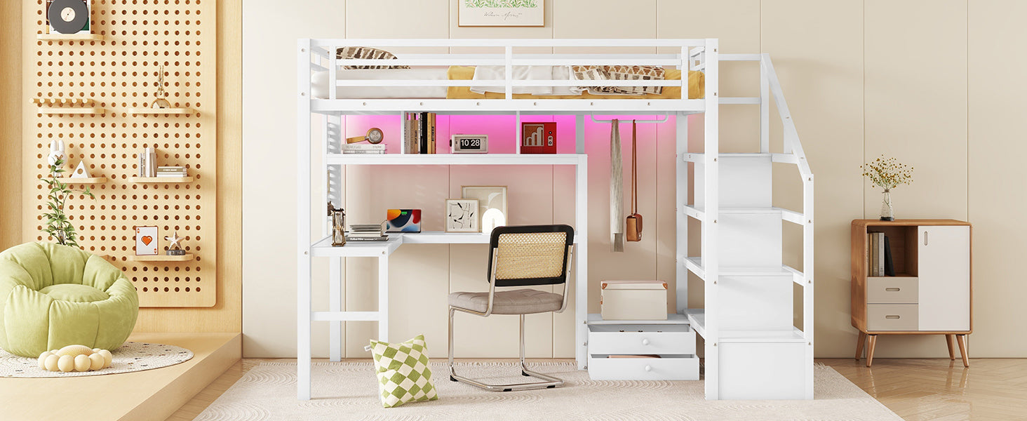Full Size Loft Bed with LED Light & Charge Station, Metal Loft Bed with Desk and Staircase, Loft bed with Wardrobe for Kids, White (Expect Arrival Date 2025/4/30)