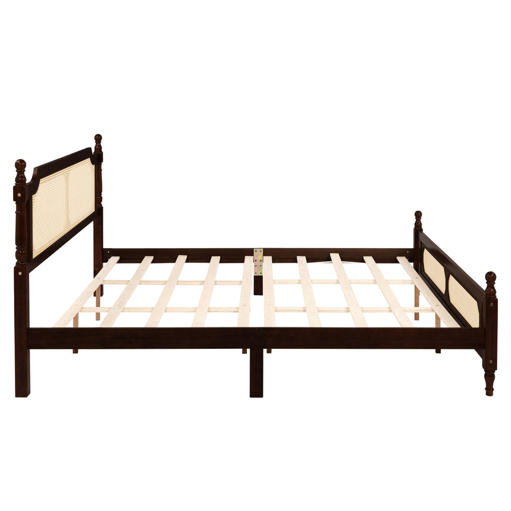 King Pine wooden Bed with Rattan Headboard  and Footboard, with  Central Enhanced Bed Platform ,Espresso