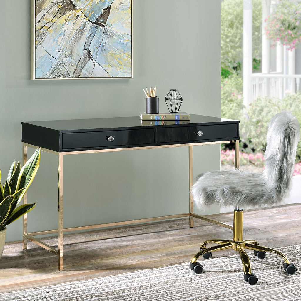 Rectangular Writing Desk with 2 Drawers, Black High Gloss and Gold