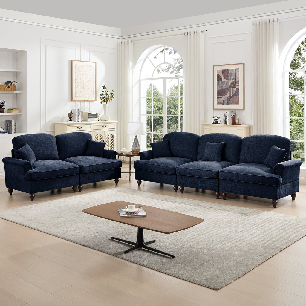 Classic 2 Piece Modular Couch Living Room Sofa Set with Flared Arms and Removable Ruffles Pleats Skirts and Spindle Legs, 3 Seater Sofa + 2-Seat Loveseat Sofa Sets for Living Room, Blue