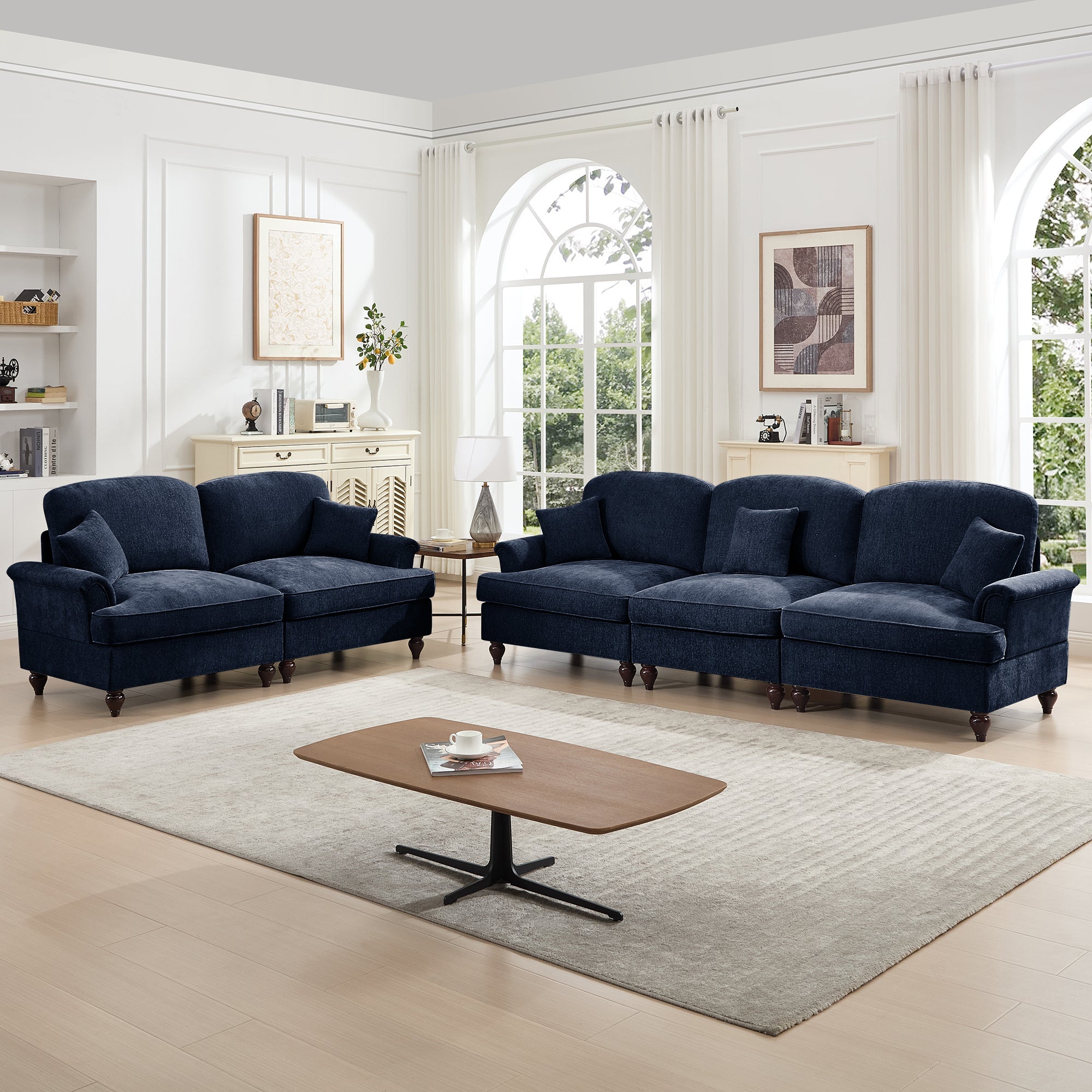 Classic 2 Piece Modular Couch Living Room Sofa Set with Flared Arms and Removable Ruffles Pleats Skirts and Spindle Legs, 3 Seater Sofa + 2-Seat Loveseat Sofa Sets for Living Room, Blue