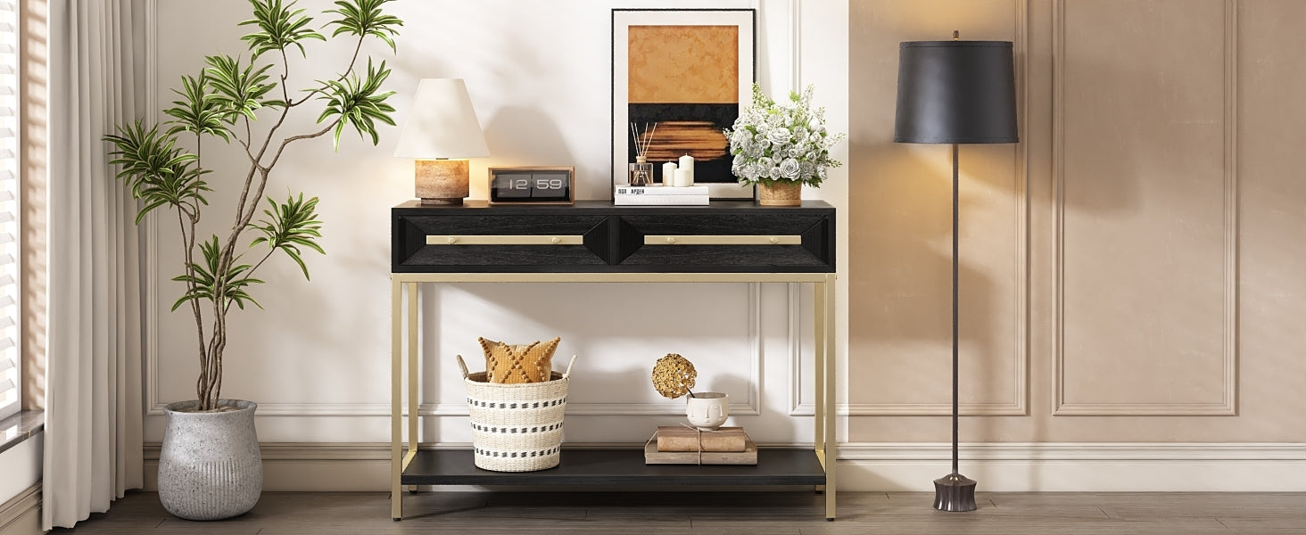 TREXM Entryway Table, Console Table with Two Drawers, Retro Hallway Table with Striking Geometric Design for Entryway and Living Room (Black)