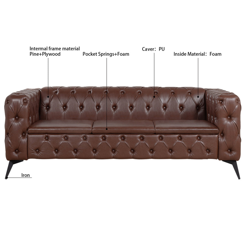 Traditional Square Arm 3-Seater Sofa with Removable Cushion, Dark Brown PU, 84.06 Inch