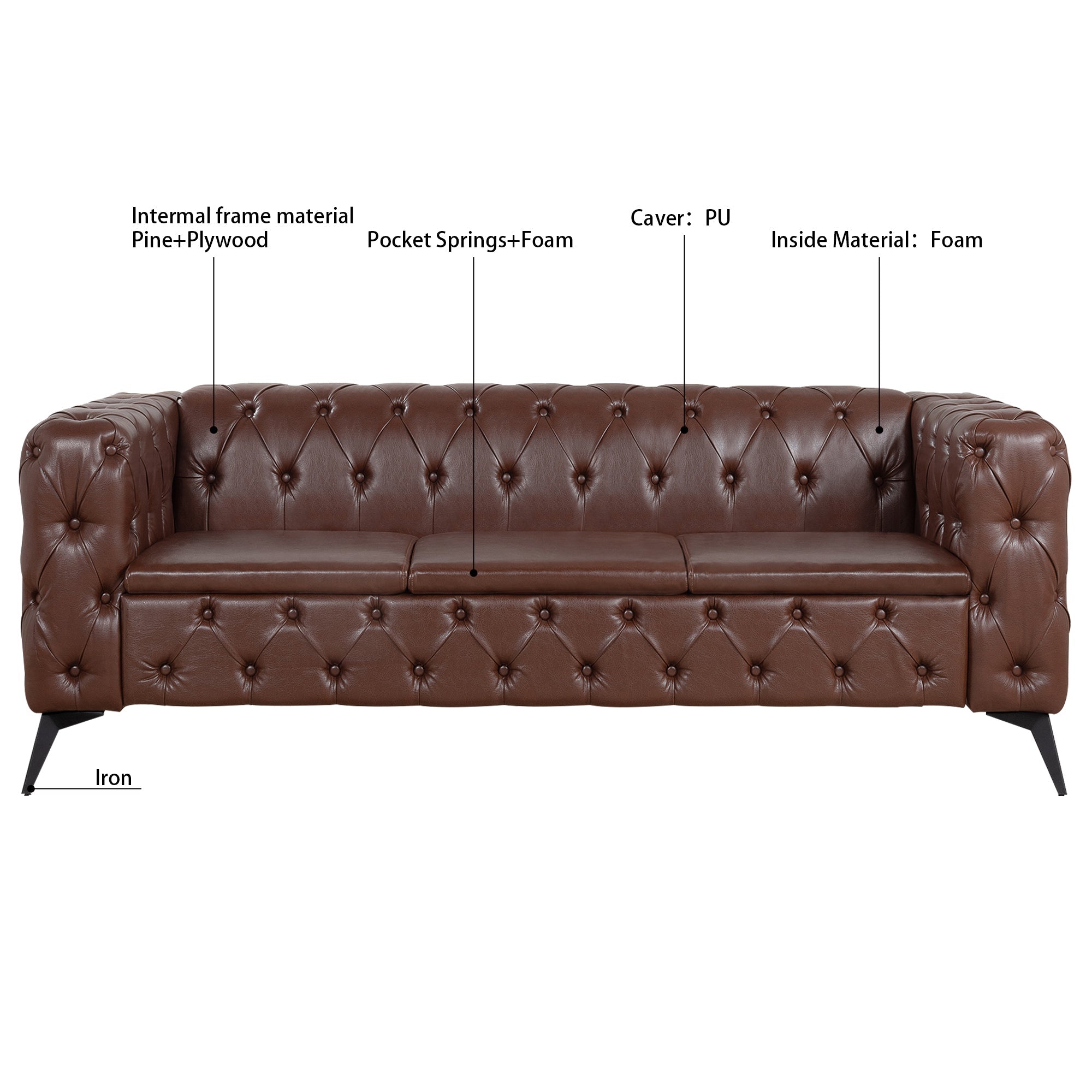 Traditional Square Arm 3-Seater Sofa with Removable Cushion, Dark Brown PU, 84.06 Inch