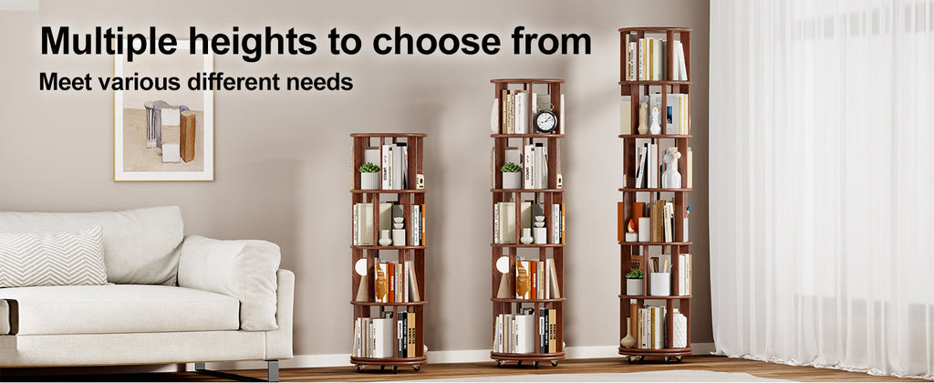100%Solid Wood Rotating Bookshelf on Wheels, 6 Tier, Round Revolving Bookcase, 360° Spinning Book Shelf Tower for Kids, Narrow Rolling Bookshelves for Small Space, Corner, Bedroom, Office, Walnut