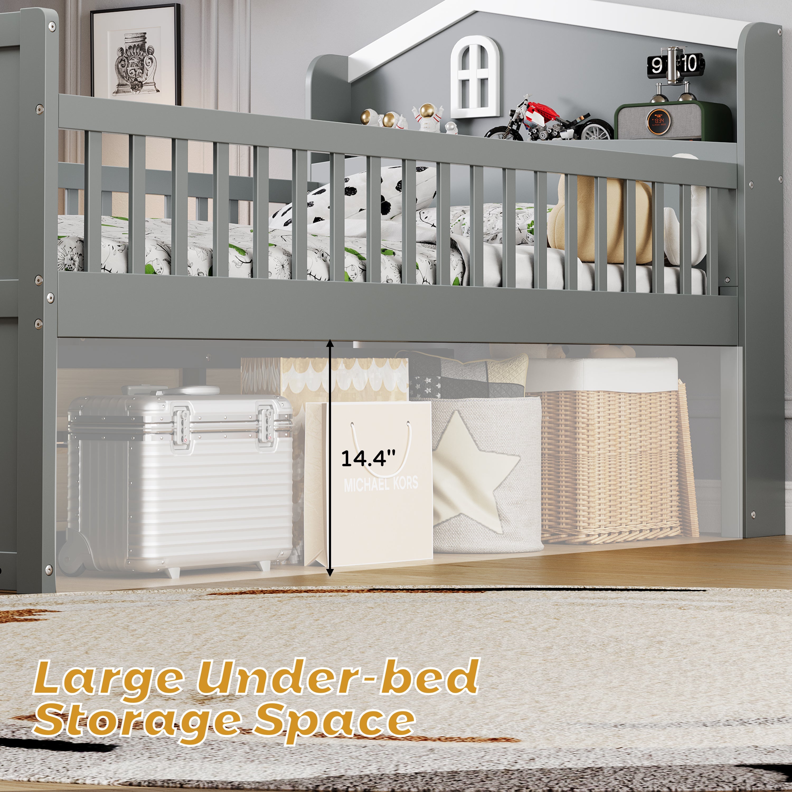Twin Bed Frame with Storage 4 Drawers,Wooden Bed Frame for Kids,Platform Twin Size Bed with Guardrail Headboard and Ladder, No Box Spring Needed, Easy Assembly, Gray