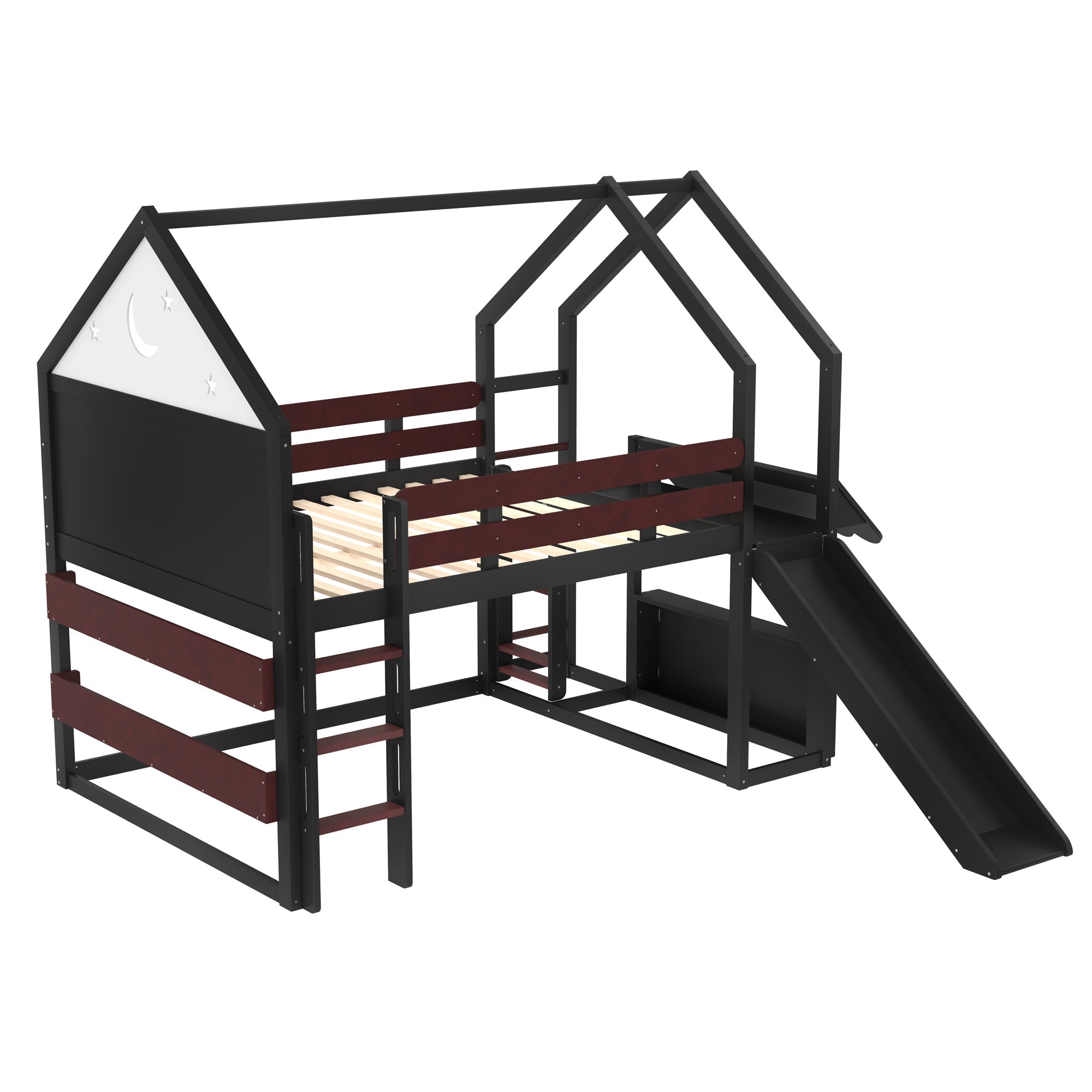Full Size Loft Bed with Bookshelf Playful Design for Kids House-Shaped Structure with Slide High-Quality Safety Rails,Black.