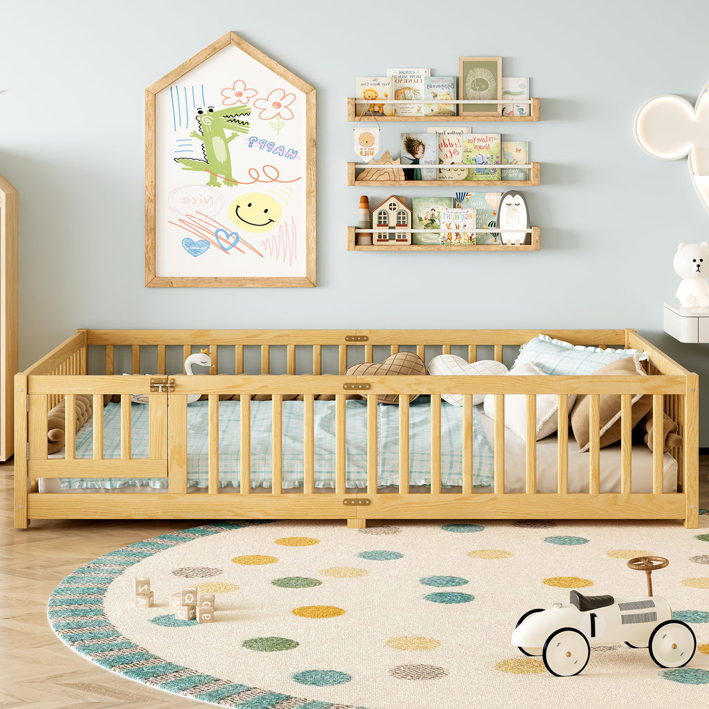 Queen Size Bed Floor Bed with Safety Guardrails and Door for Kids, Natural( Old SKU:W1580P154630)
