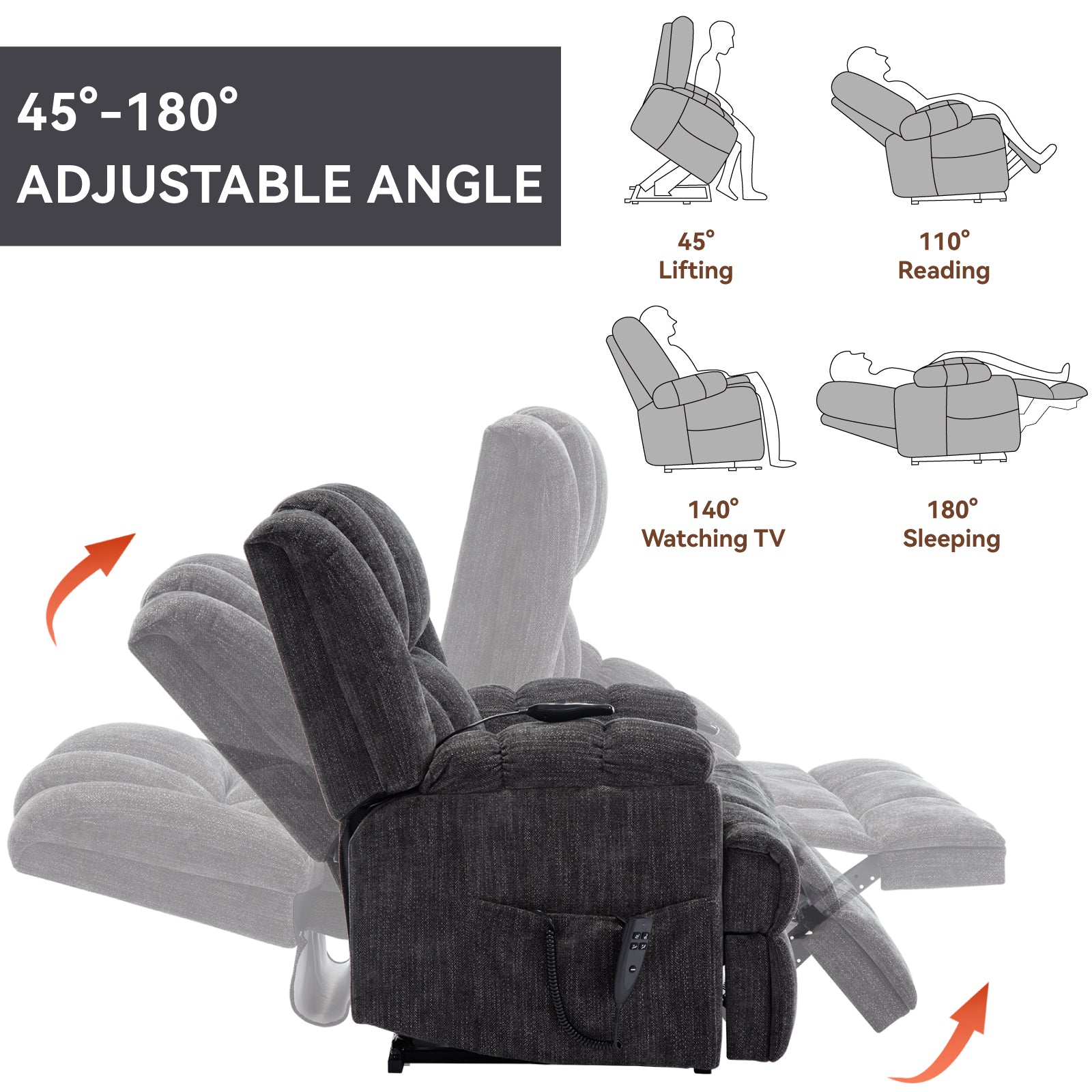 Dual Motor Heat Massage Infinite Position Up to 350 LBS Electric Power Lift Recliners with Power-Remote, Medium-firm and Heavy Duty, Grey