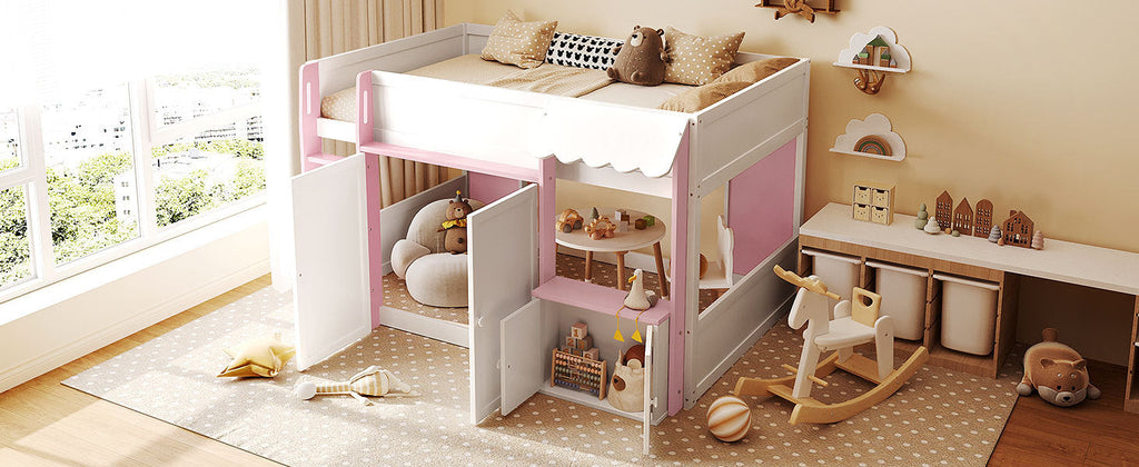 Full Loft House Bed with Playhouse & Storage, Modern Wood Cabin Bed for Kids/Teens, White+Pink