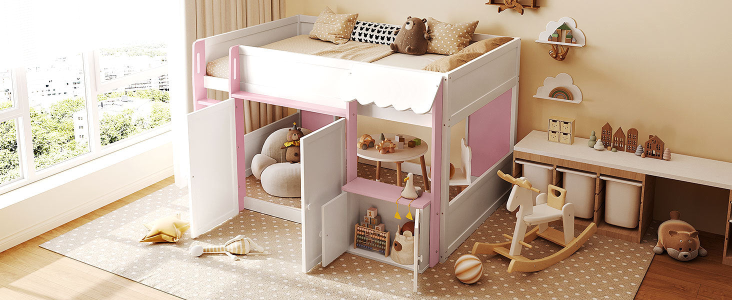 Full Loft House Bed with Playhouse & Storage, Modern Wood Cabin Bed for Kids/Teens, White+Pink