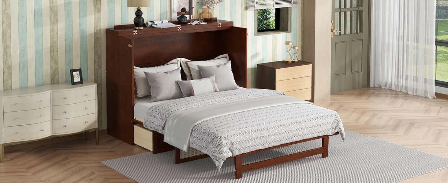 Queen Size Murphy Bed, Pine Wood Cabinet Bed with Rattan Decoration and Storage Drawer,Walnut