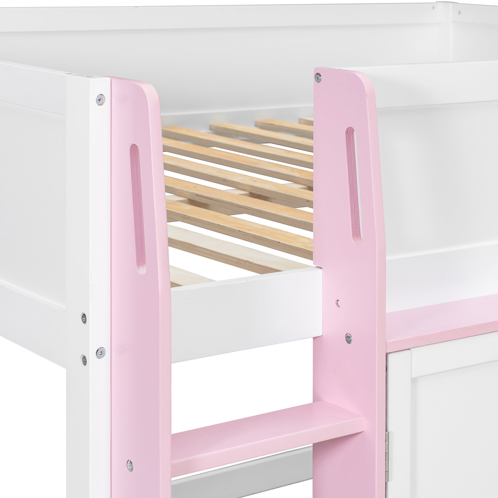 Full Loft House Bed with Playhouse & Storage, Modern Wood Cabin Bed for Kids/Teens, White+Pink