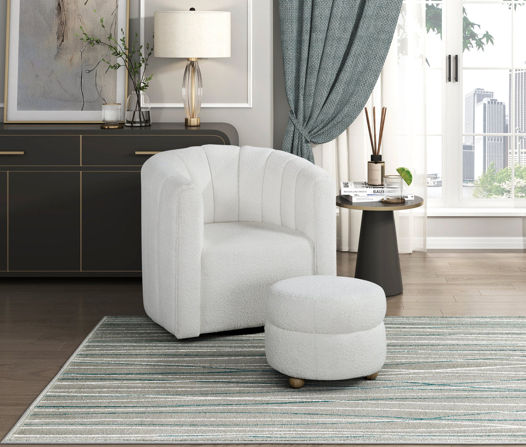 Modern Contemporary Swivel Chair with Ottoman White Boucle Fabric Upholstery Solid Wood Living Room Furniture