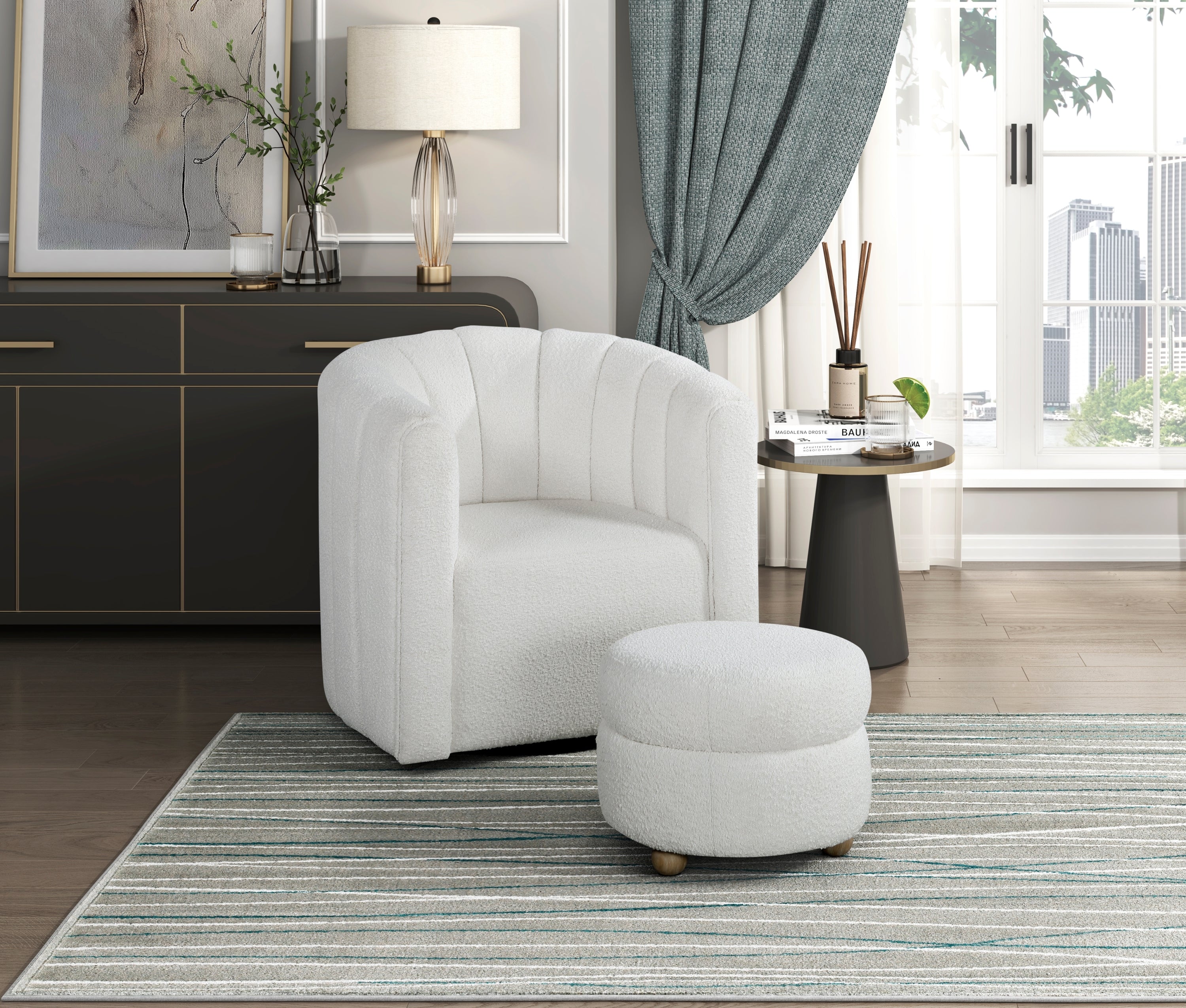 Modern Contemporary Swivel Chair with Ottoman White Boucle Fabric Upholstery Solid Wood Living Room Furniture