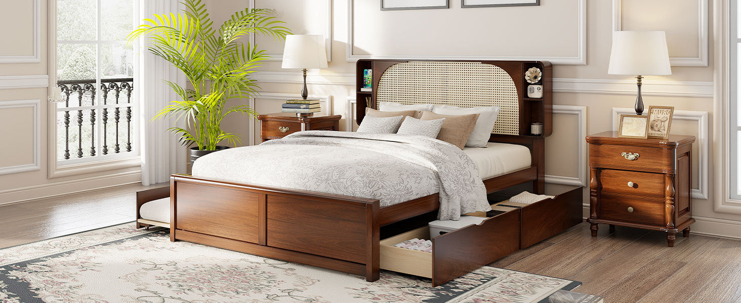 Queen Size Rattan Headboard Bed with Two Drawers and Trundle, Walnut