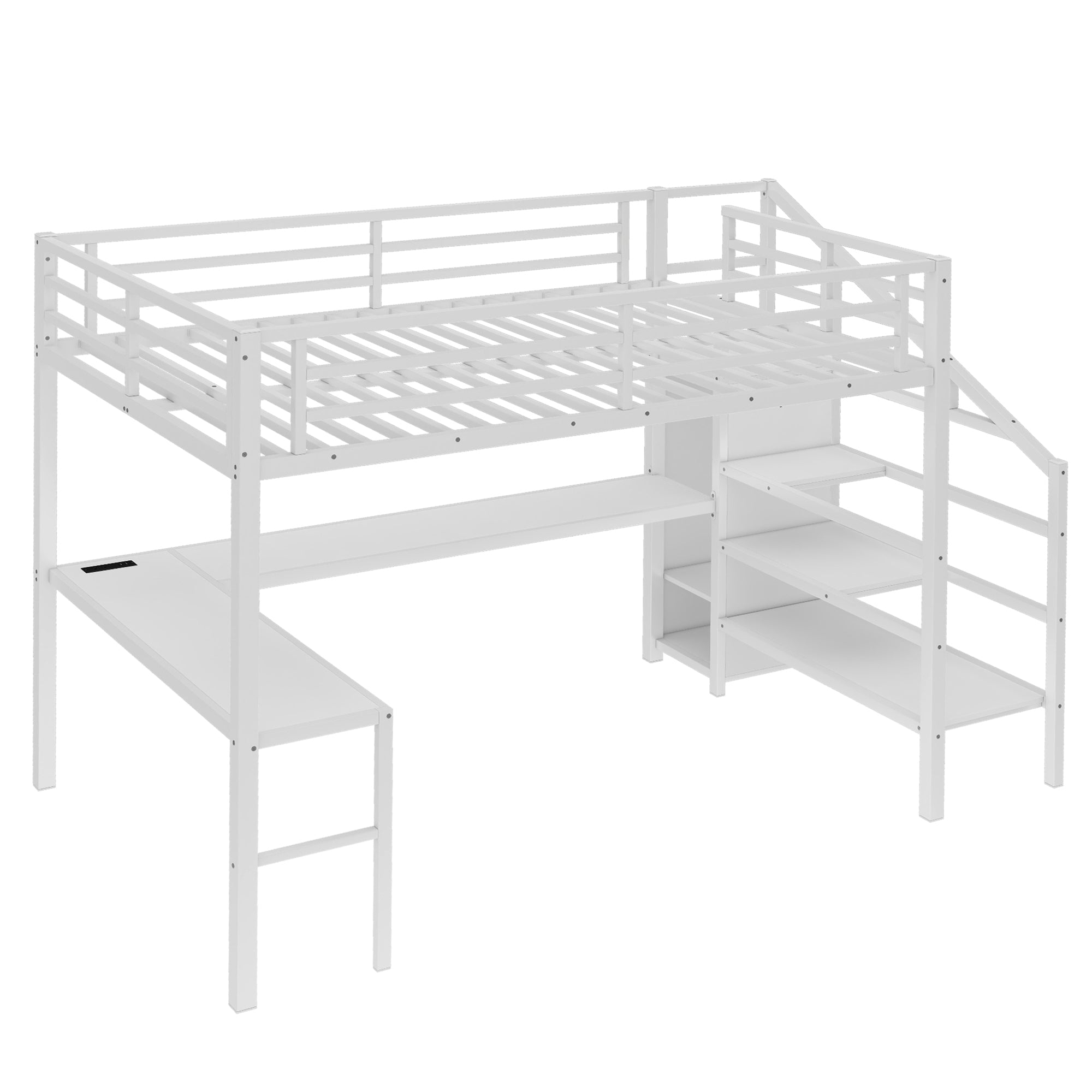 Queen Size Loft Bed with L-shaped Desk and USB, Metal Loft Bed with Wardrobe and Adjustable Shelf, High Loft Bed with LED for Kids Teens Adults, White