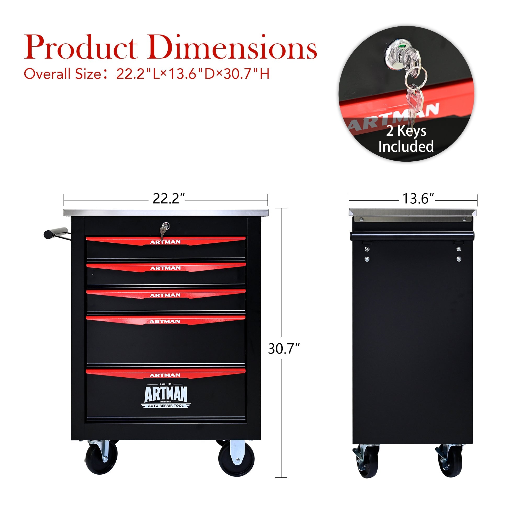 5-Drawer Multifunctional Tool Cart with Wheels, Metal Rolling Tool Cart Storage for Garage Workshop Warehouse Repair Shop - with Stainless Steel Roof - Black & Red