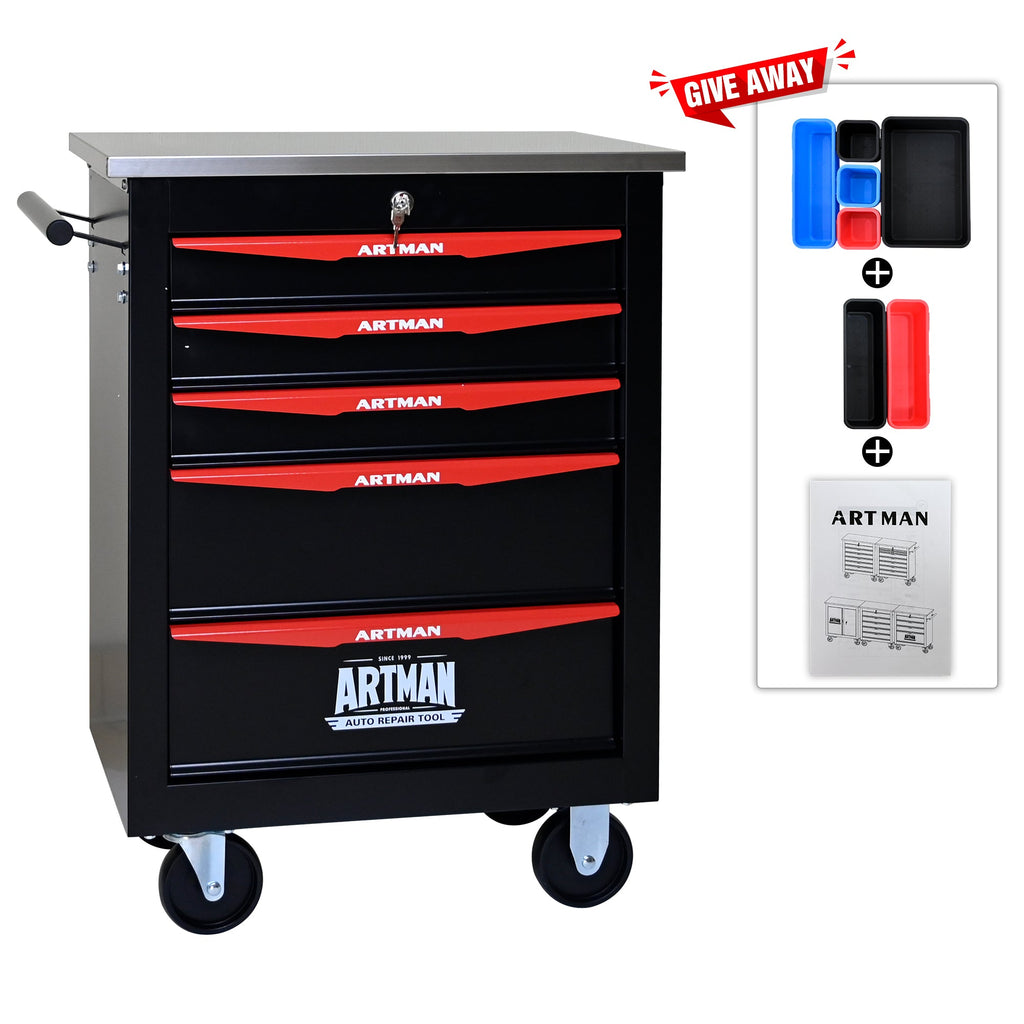 5-Drawer Multifunctional Tool Cart with Wheels, Metal Rolling Tool Cart Storage for Garage Workshop Warehouse Repair Shop - with Stainless Steel Roof - Black & Red