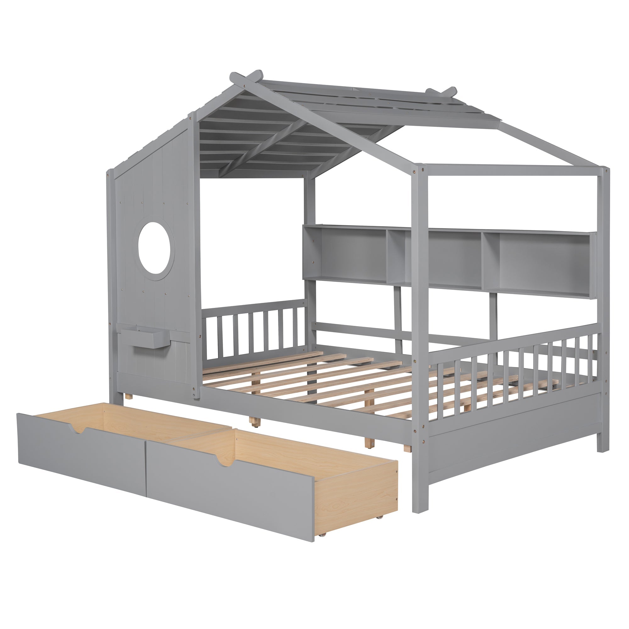 Wooden Full Size House Bed with 2 Drawers,Kids Bed with Storage Shelf, Gray(Old SKU: HL000052AAE)