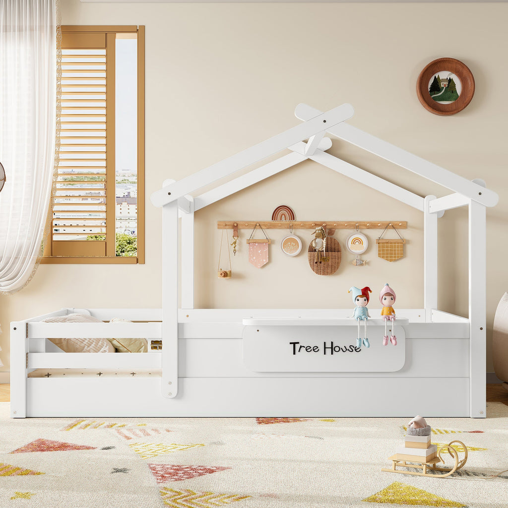 Twin Size Floor Bed with Guardrails and Roof, Kids House Floor Bed with a Small Built-in Tray and Free-installed Signboard, Childlike Design, White