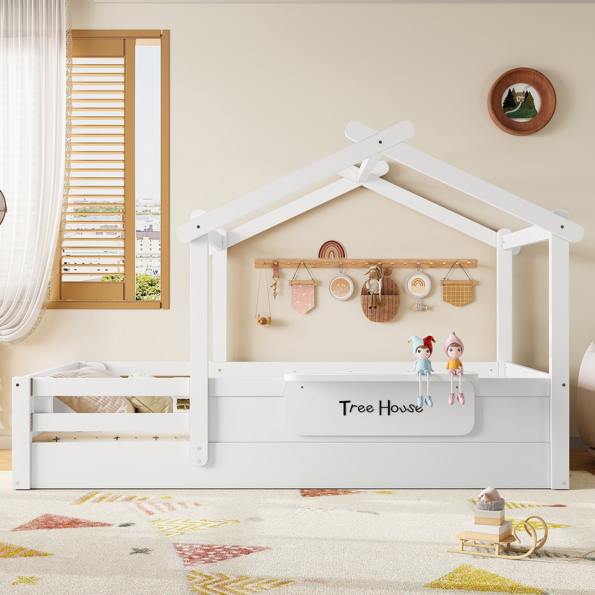 Twin Size Floor Bed with Guardrails and Roof, Kids House Floor Bed with a Small Built-in Tray and Free-installed Signboard, Childlike Design, White