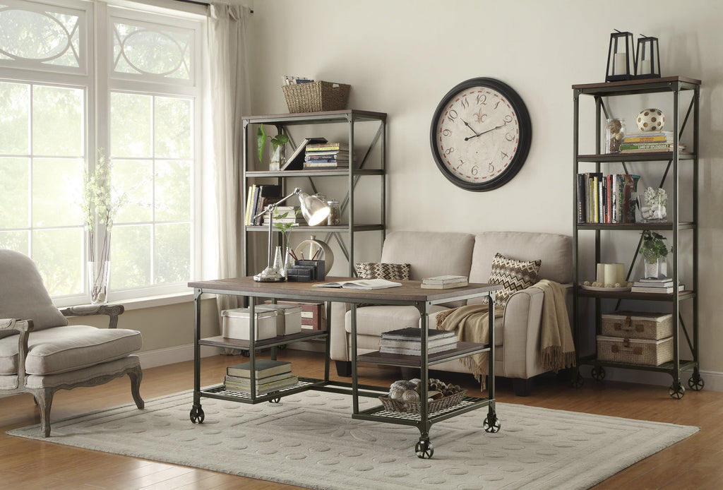 Modern Traditional Aesthetic 1pc Writing Desk with 4x Shelves Metal Casters Natural Finish and Rustic Black Metal Finish