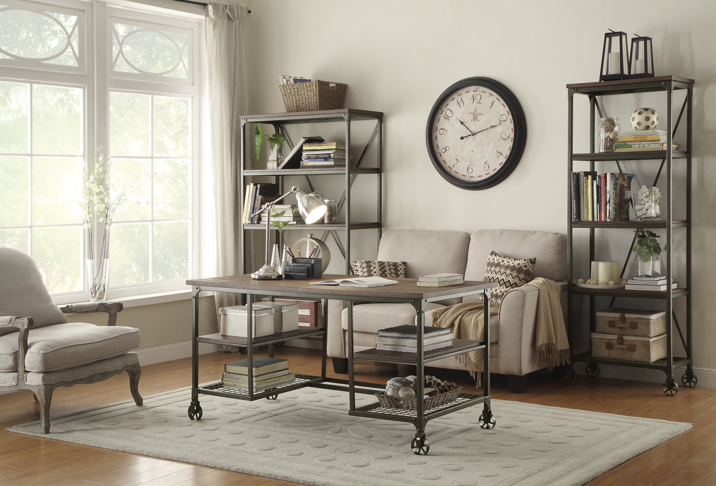 Modern Traditional Aesthetic 1pc Writing Desk with 4x Shelves Metal Casters Natural Finish and Rustic Black Metal Finish