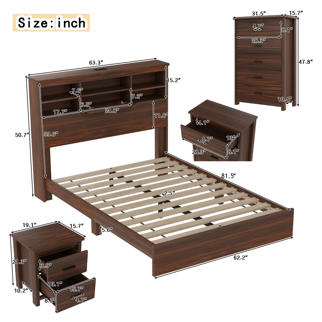 4PCS Bedroom Sets, Wooden Queen Size Bed Frame with Storage Headboard and Charging Station, 2 Nightstands with 2 Drawers, 1 Dresser with 5 Drawers, Walnut(old SKU HL000102AAD)