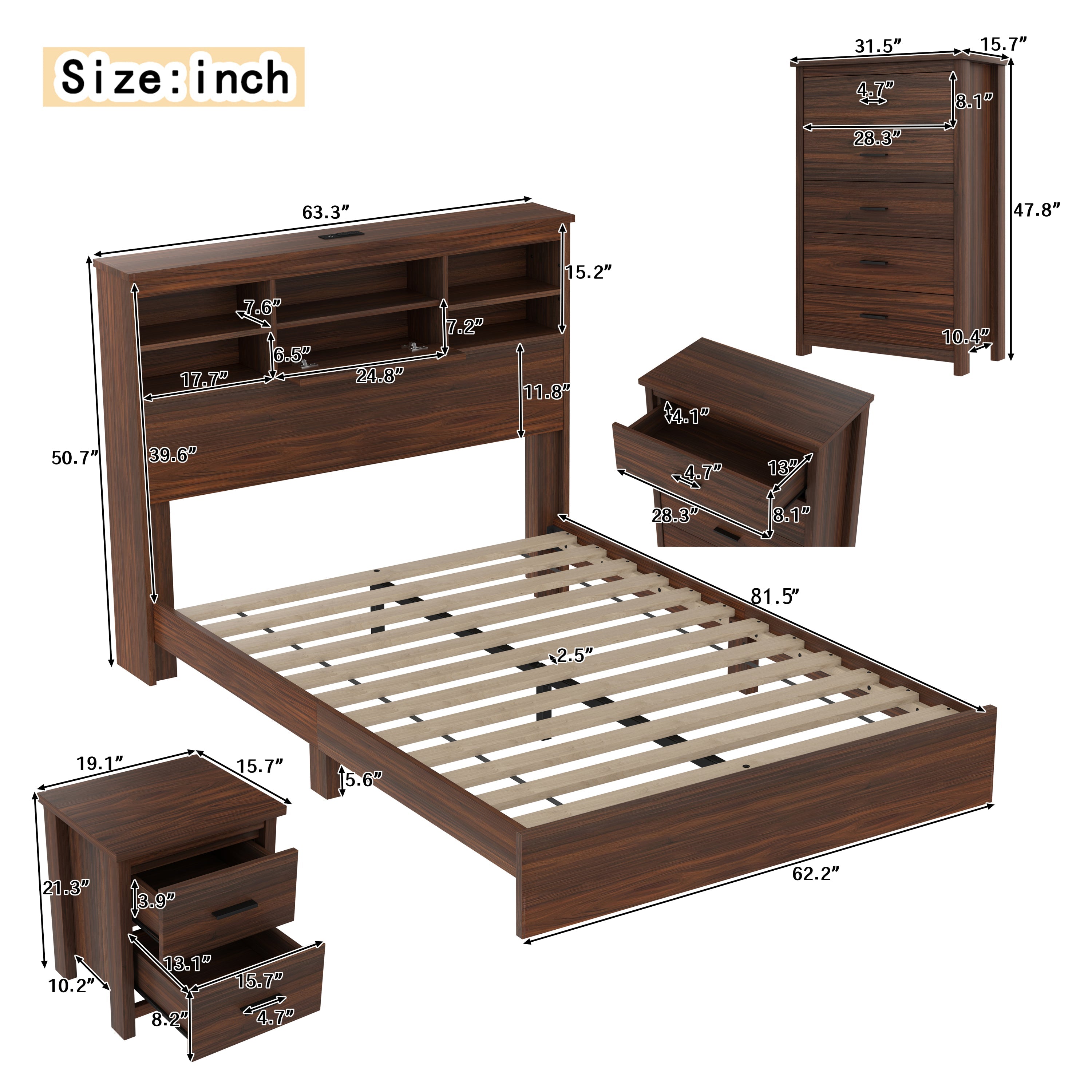 4PCS Bedroom Sets, Wooden Queen Size Bed Frame with Storage Headboard and Charging Station, 2 Nightstands with 2 Drawers, 1 Dresser with 5 Drawers, Walnut(old SKU HL000102AAD)