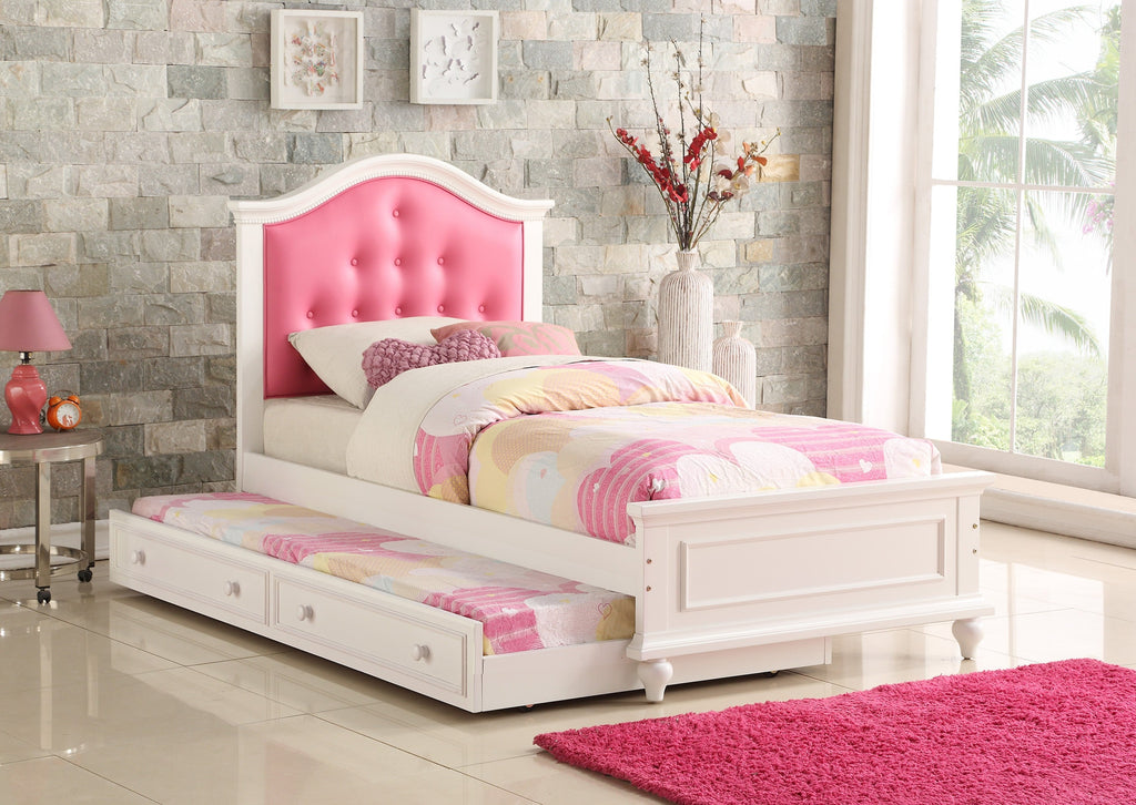 Contemporary Style Twin Size Bed w/ Trundle Slats Pine Plywood Kids Youth Bedroom Furniture Pink Faux Leather Tufted HB
