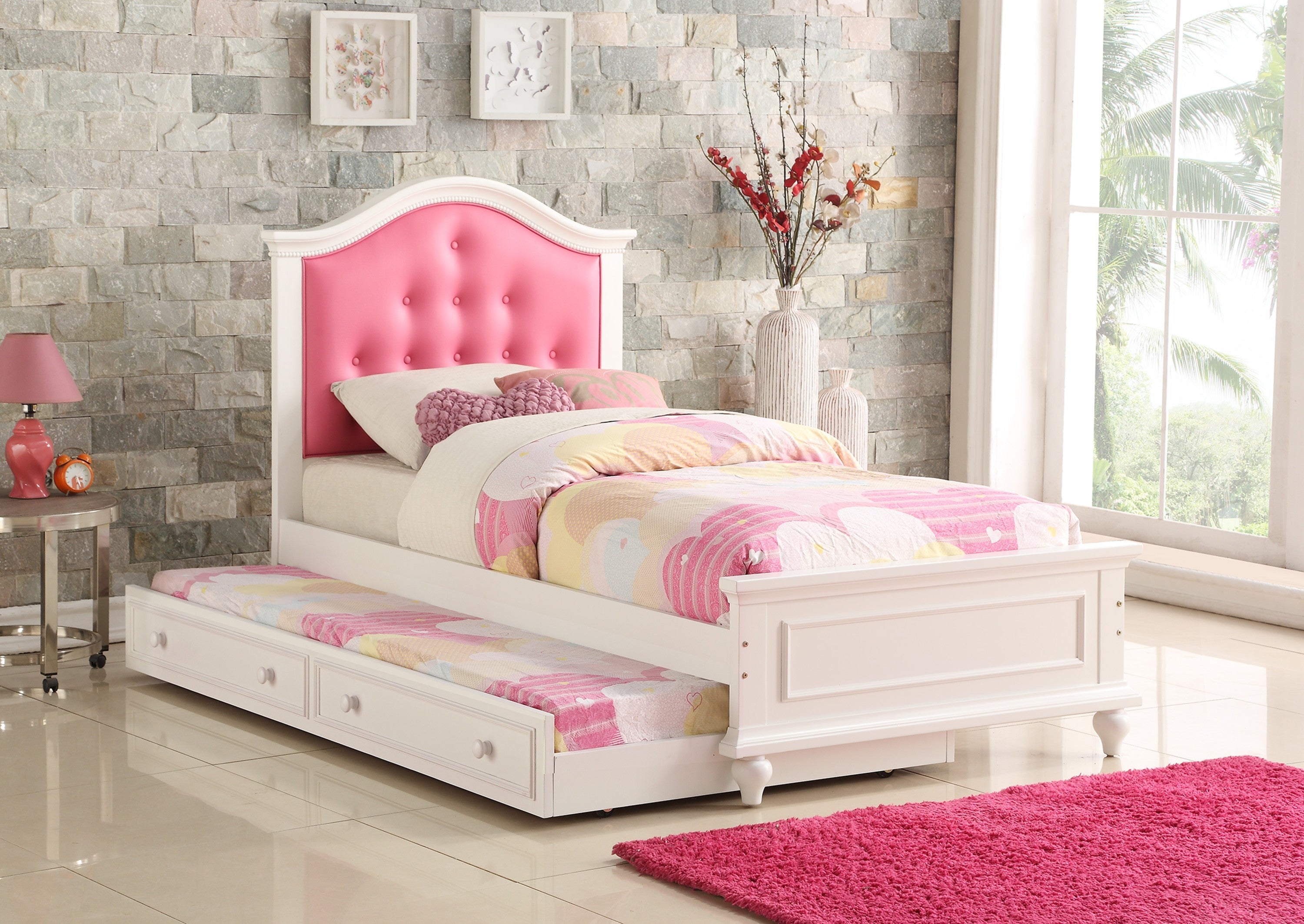 Contemporary Style Twin Size Bed w/ Trundle Slats Pine Plywood Kids Youth Bedroom Furniture Pink Faux Leather Tufted HB